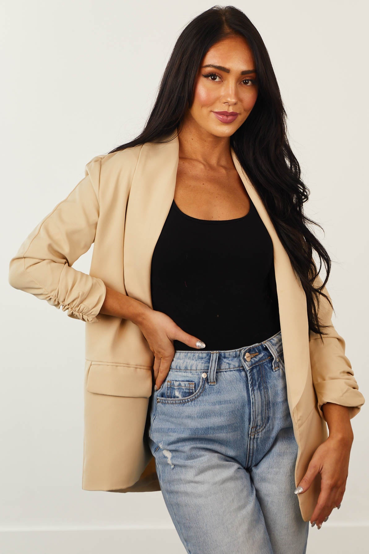 Sand Ruched Sleeve Pouch Pocket Blazer