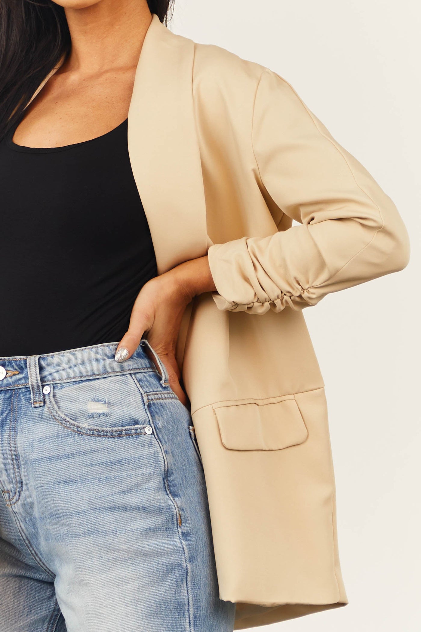 Sand Ruched Sleeve Pouch Pocket Blazer