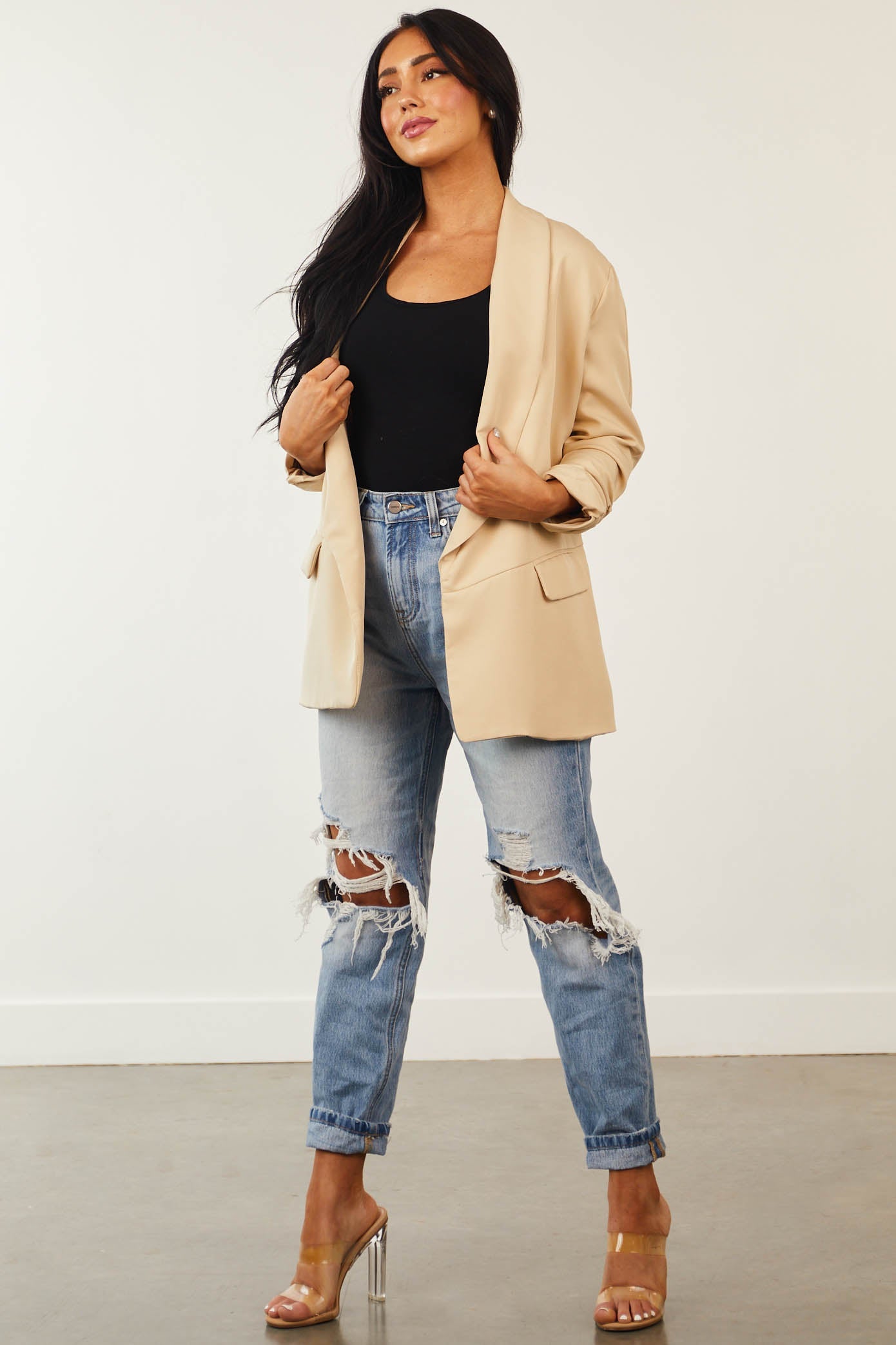 Sand Ruched Sleeve Pouch Pocket Blazer