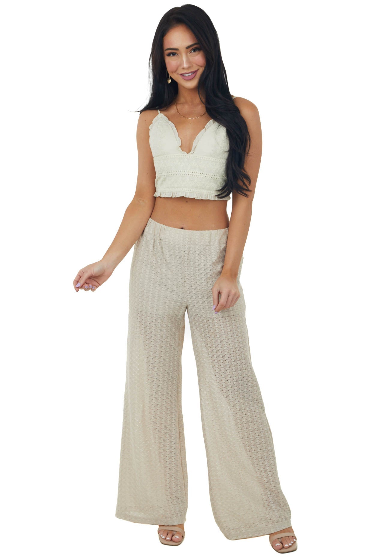 Sand Sheer Elastic Band Lace Palazzo Pants