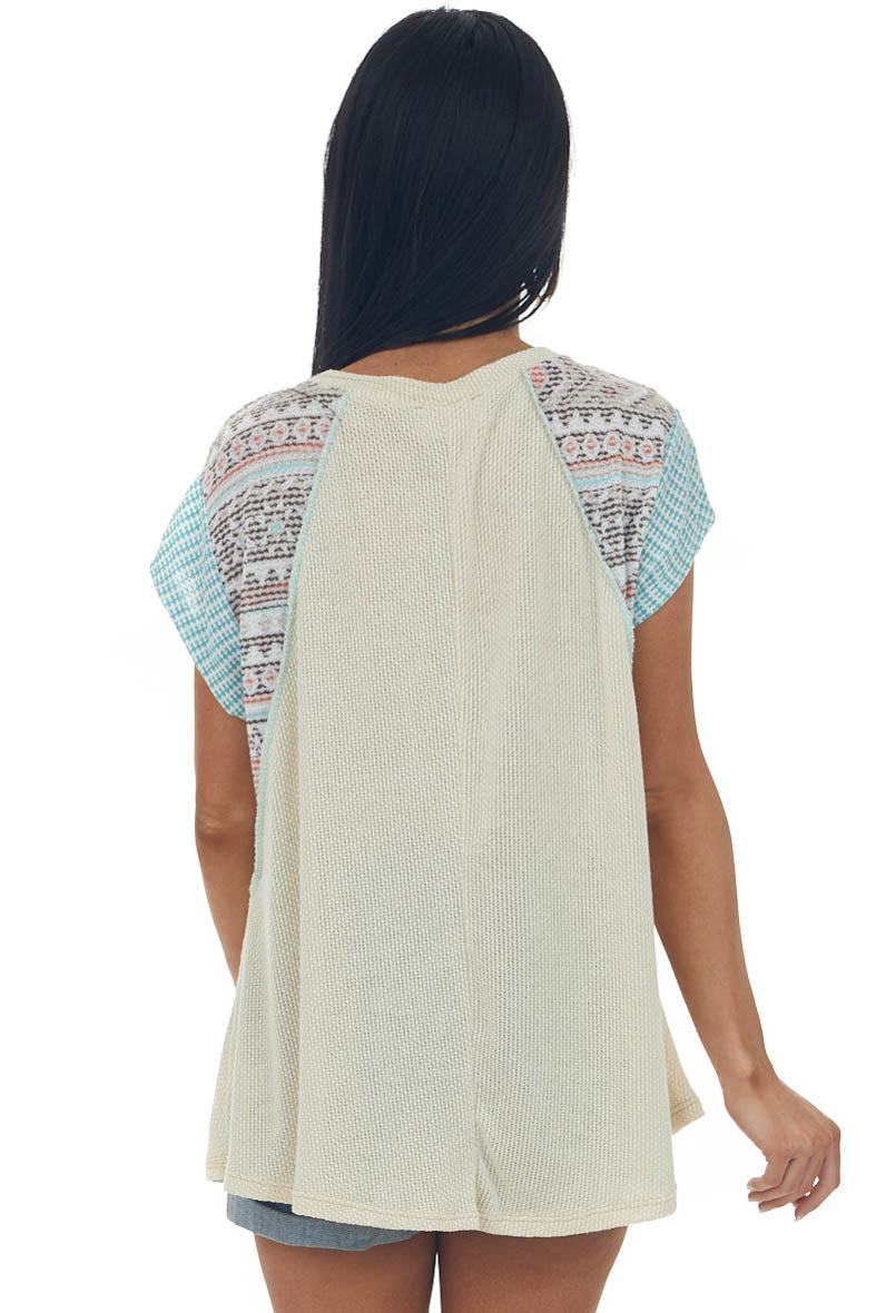 Sand Two Tone Multi Print Raw Stitching Knit Top