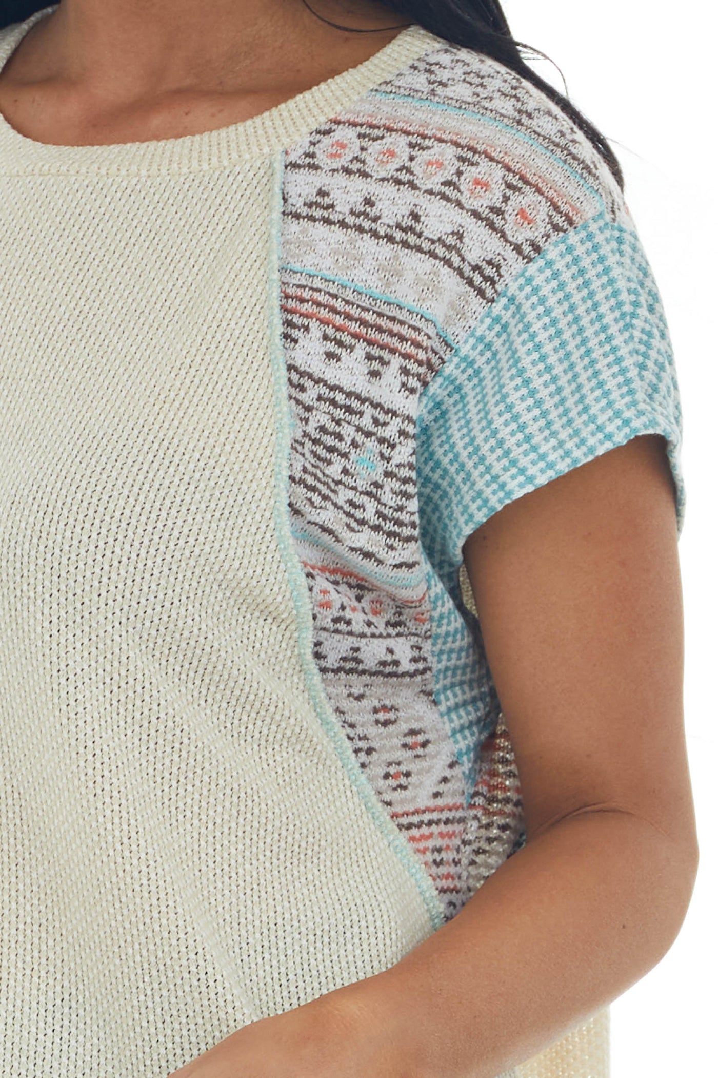 Sand Two Tone Multi Print Raw Stitching Knit Top