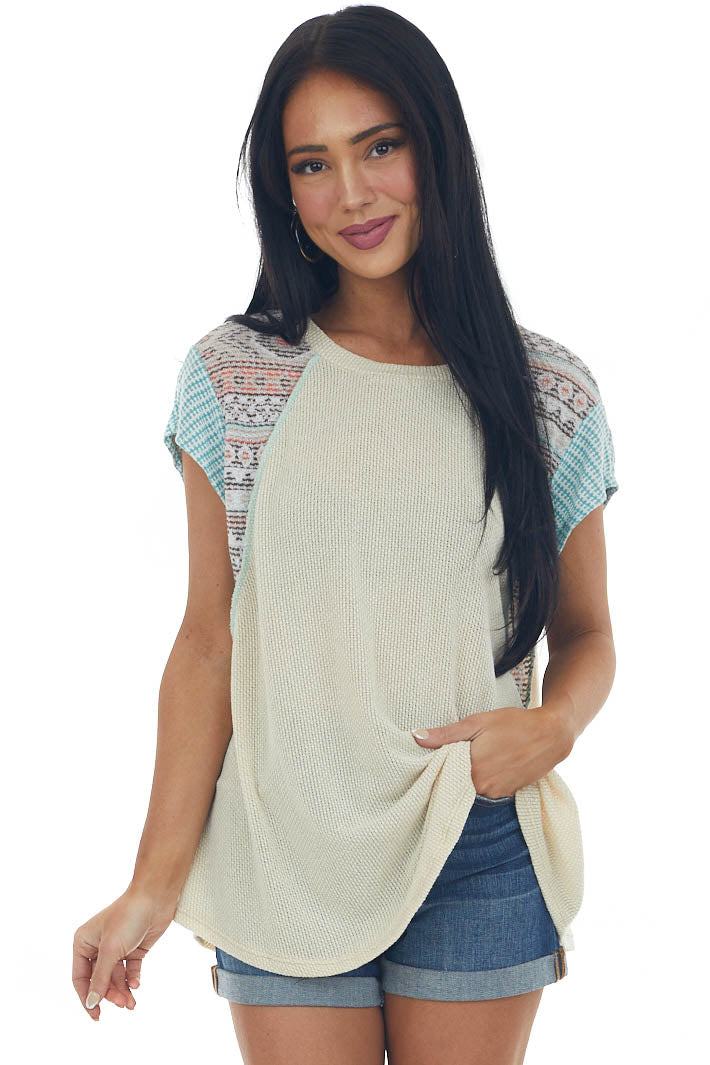 Sand Two Tone Multi Print Raw Stitching Knit Top