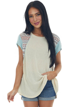 Sand Two Tone Multi Print Raw Stitching Knit Top