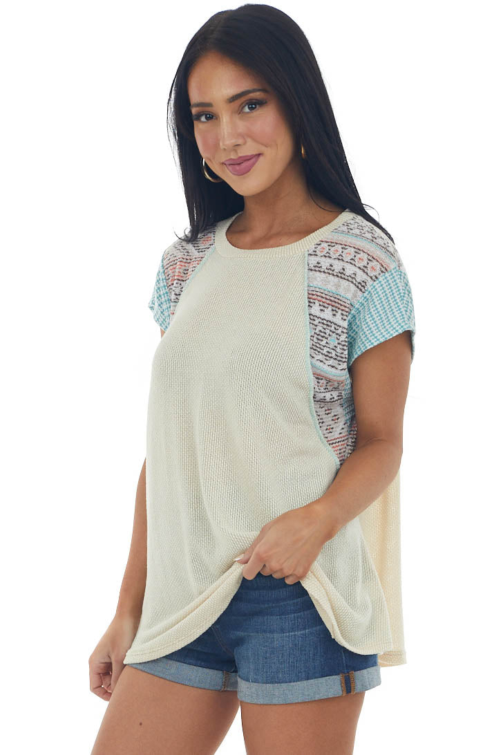 Sand Two Tone Multi Print Raw Stitching Knit Top