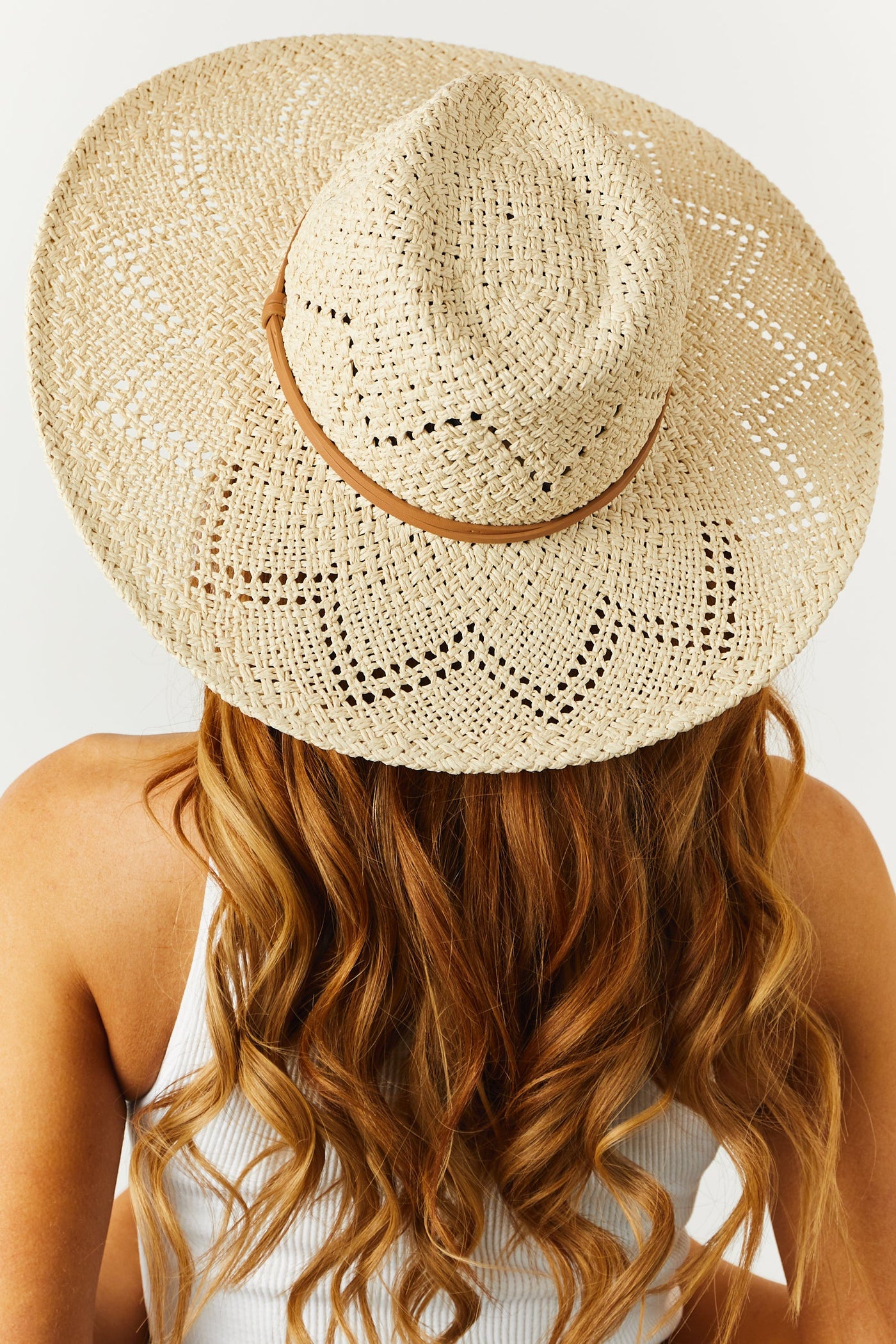 Sand Eyelet Straw Panama Hat with Pleather Band