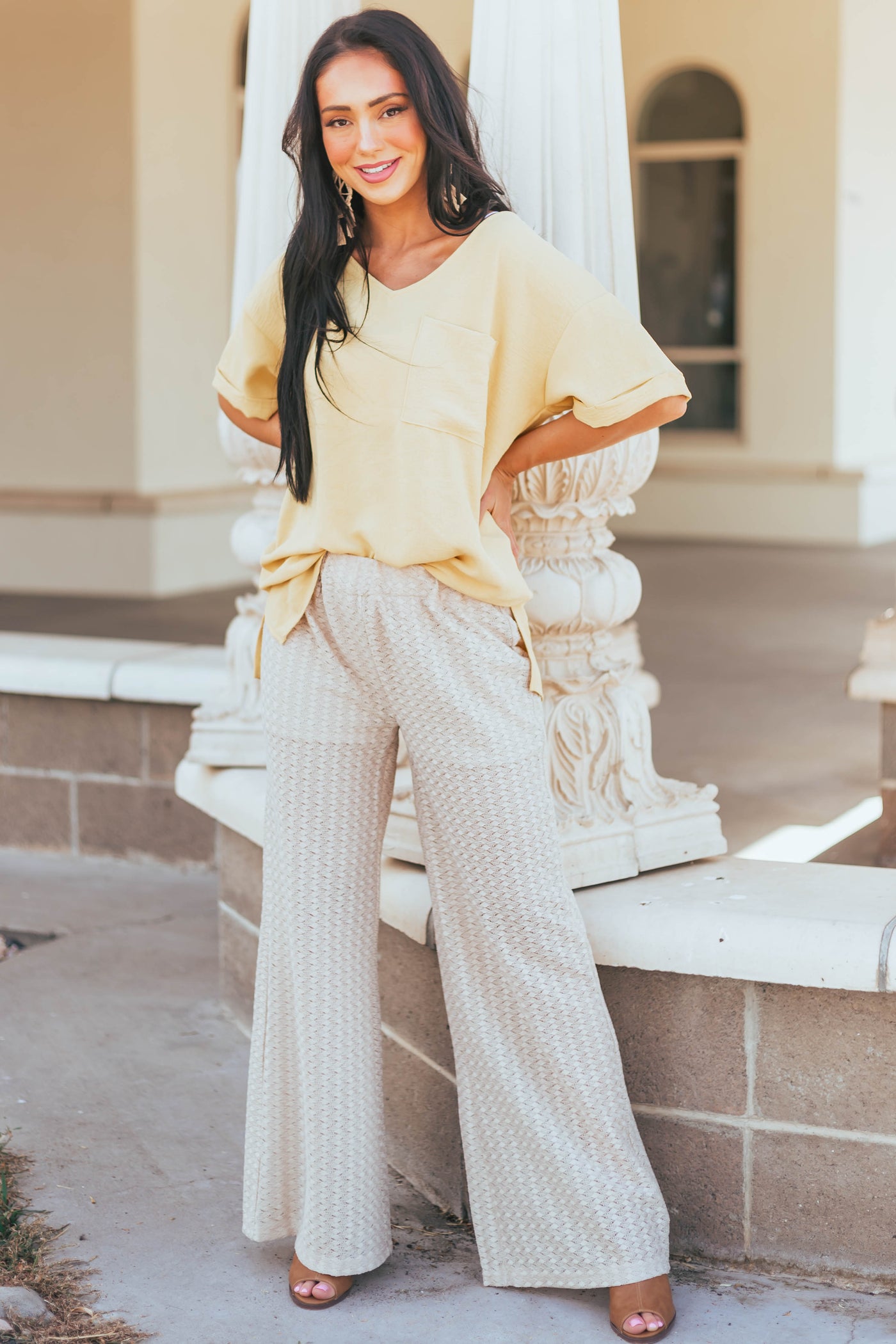 Sand Sheer Elastic Band Lace Palazzo Pants