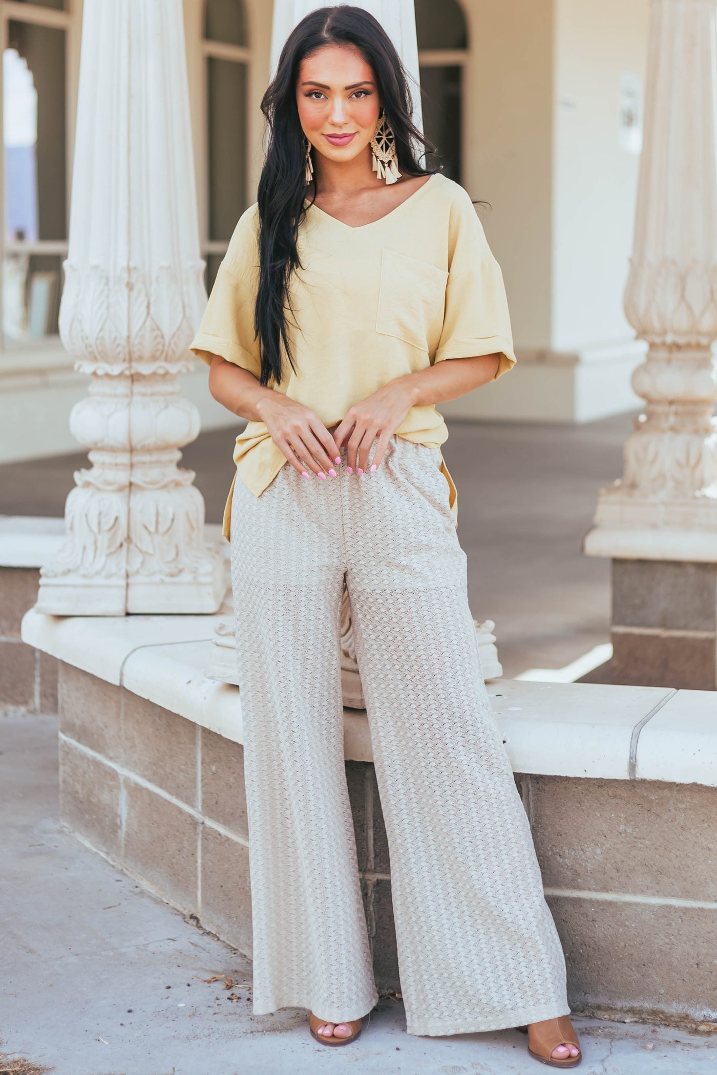 Sand Sheer Elastic Band Lace Palazzo Pants