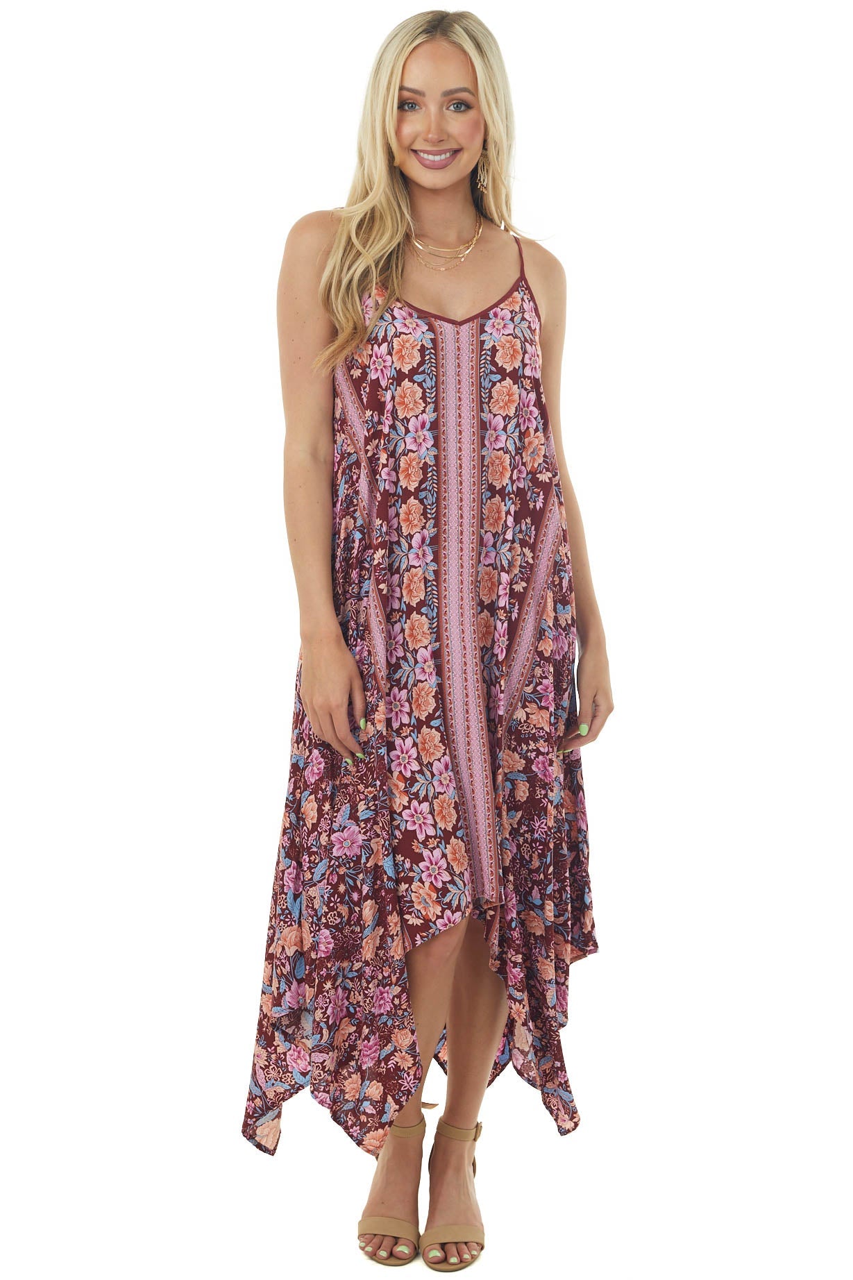 Sangria Floral and Abstract Sleeveless Dress