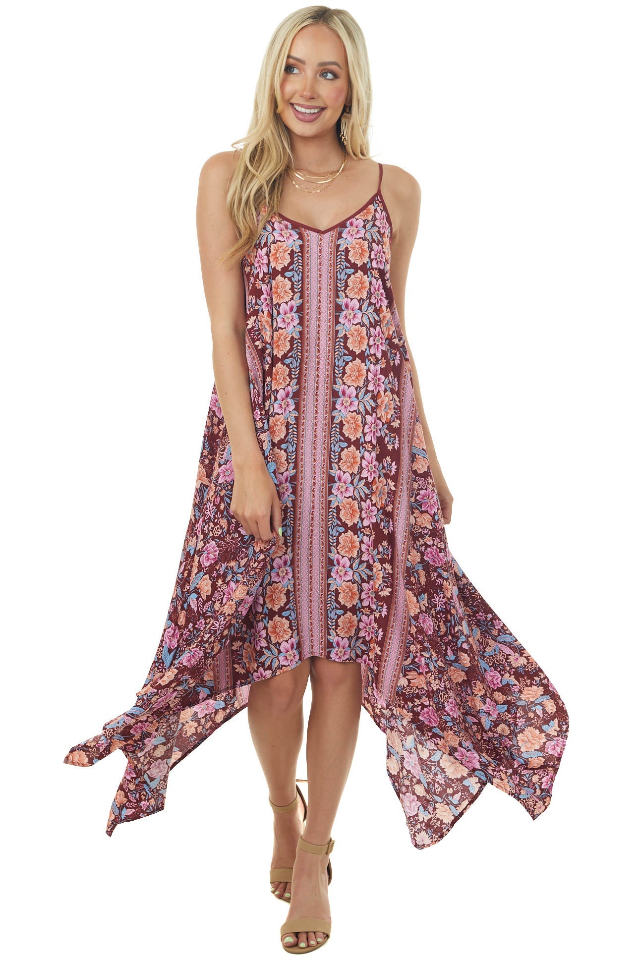 Sangria Floral and Abstract Sleeveless Dress