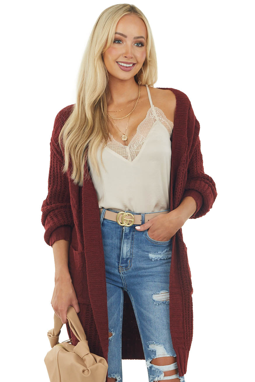 Sangria Open Front Twisted Knit Cardigan