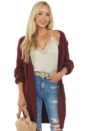 Sangria Open Front Twisted Knit Cardigan