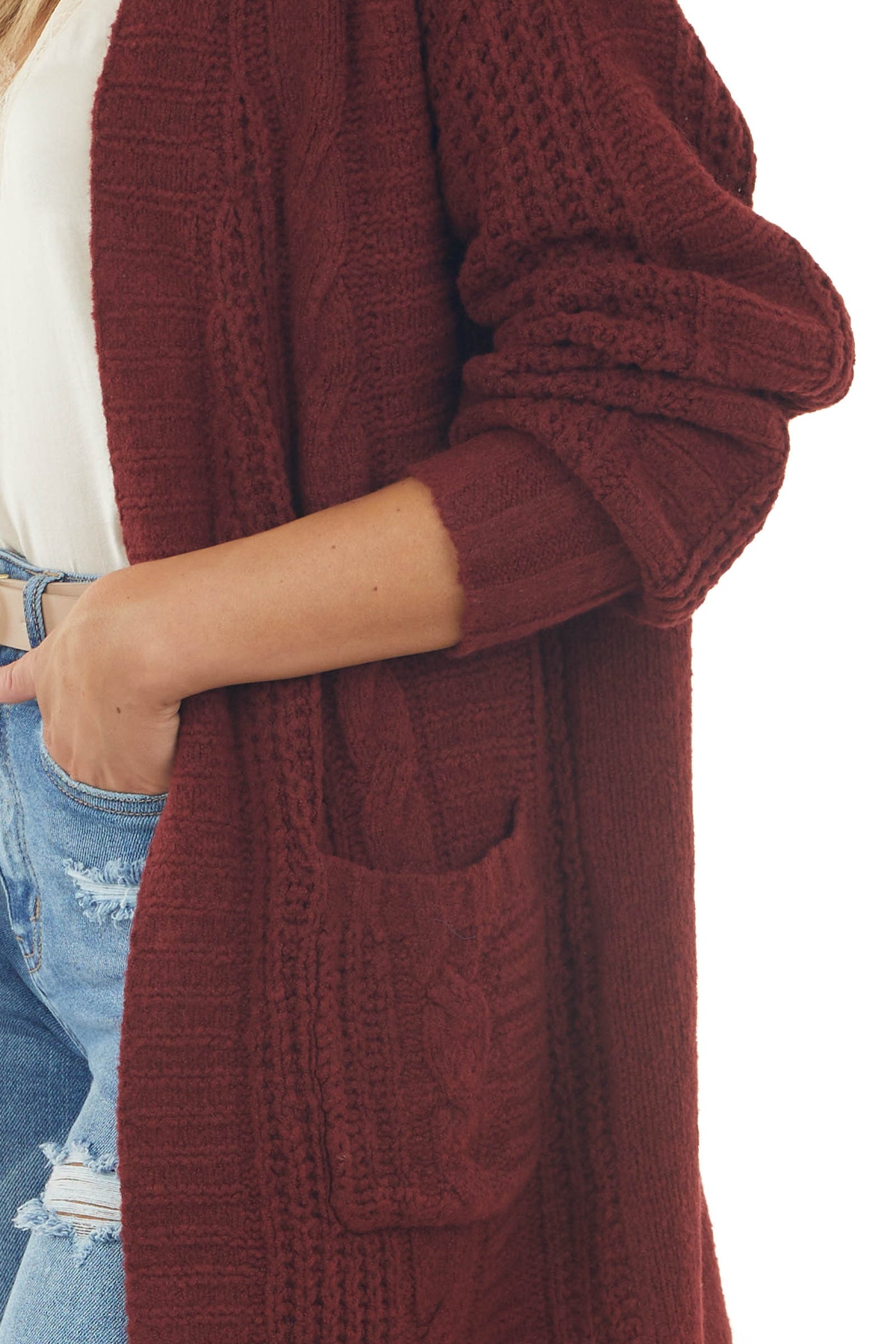 Sangria Open Front Twisted Knit Cardigan