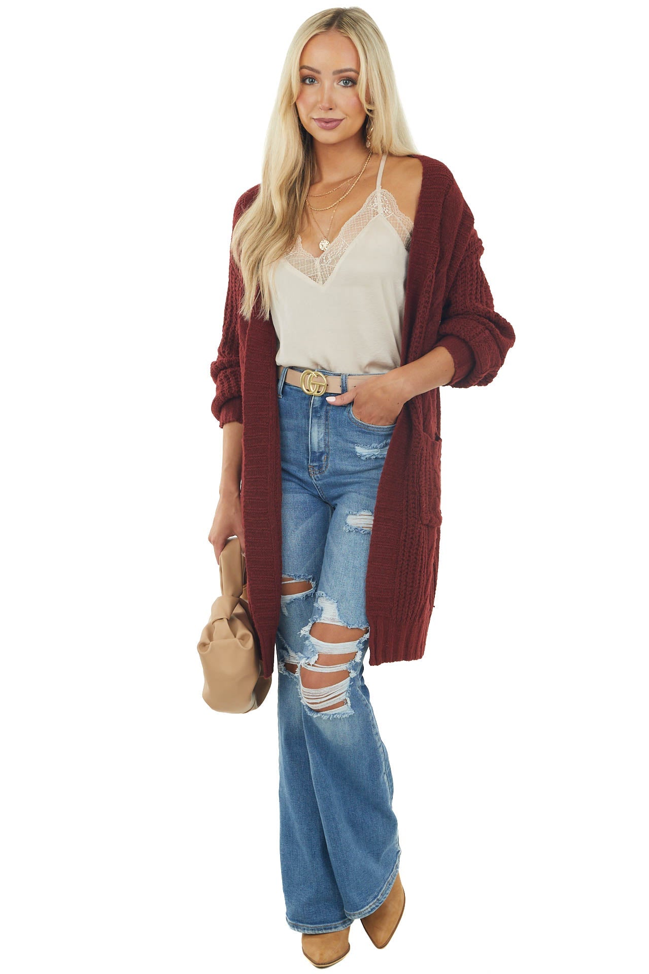 Sangria Open Front Twisted Knit Cardigan