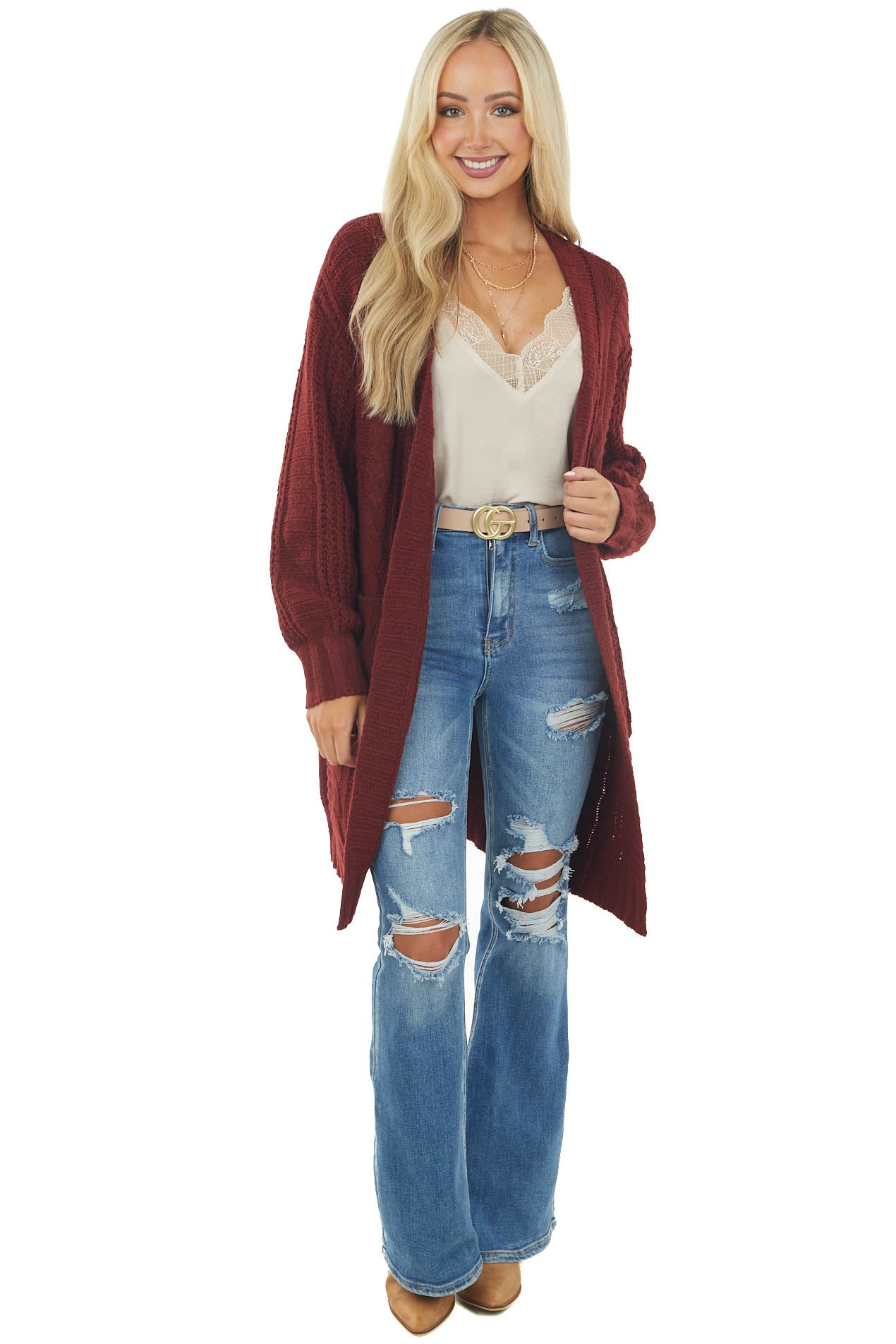 Sangria Open Front Twisted Knit Cardigan