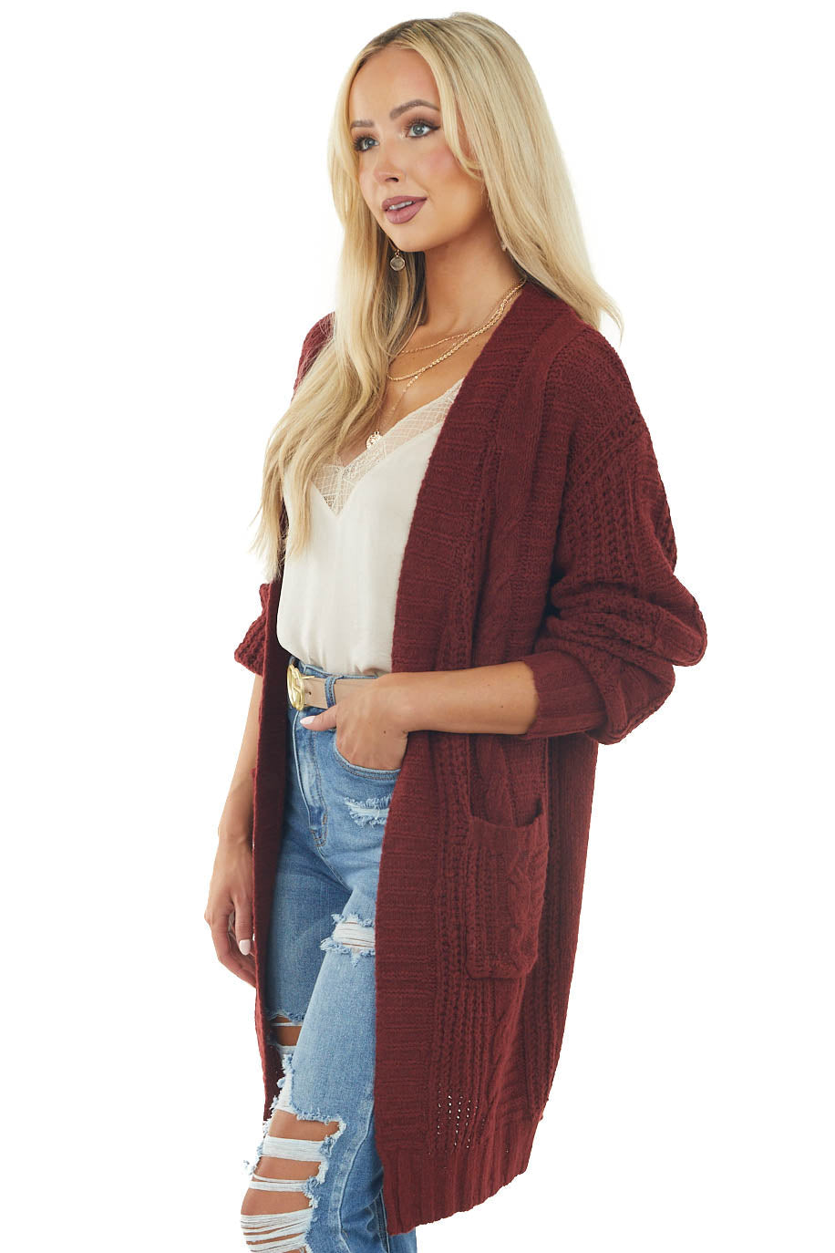Sangria Open Front Twisted Knit Cardigan