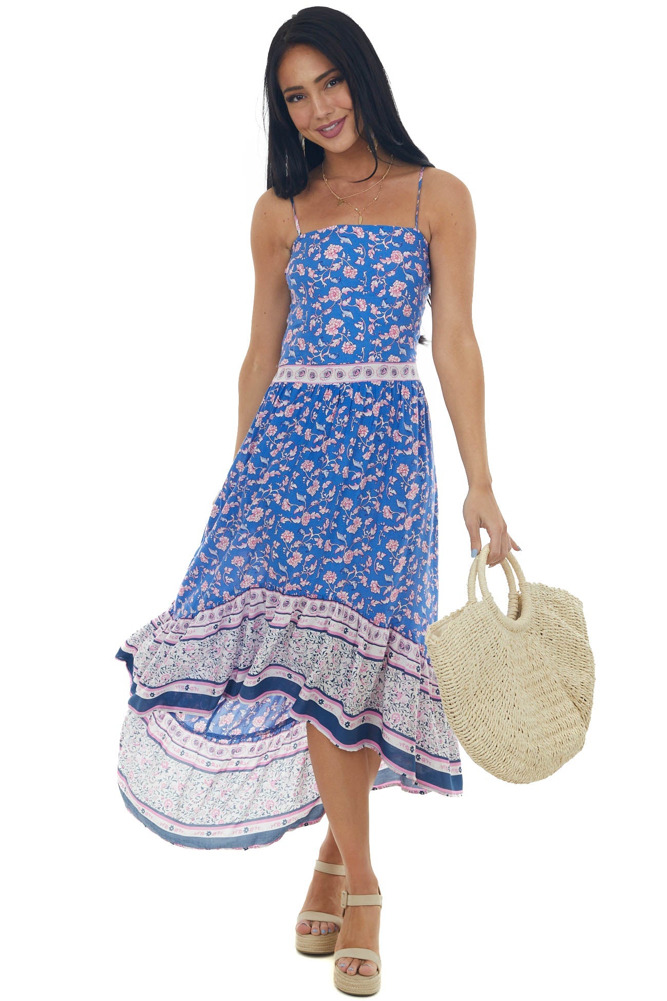 Sapphire Floral Print Sleeveless High Low Dress