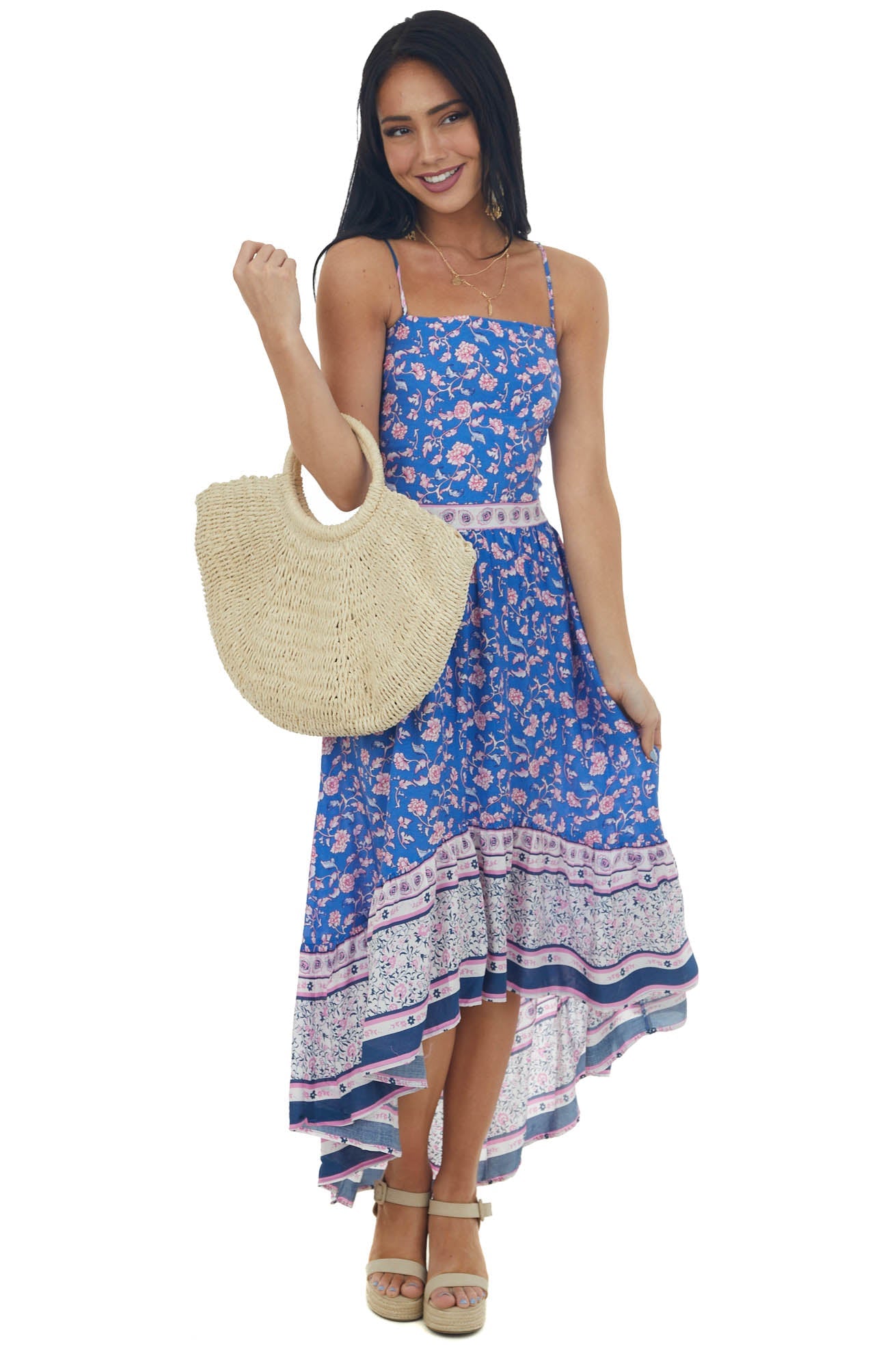 Sapphire Floral Print Sleeveless High Low Dress