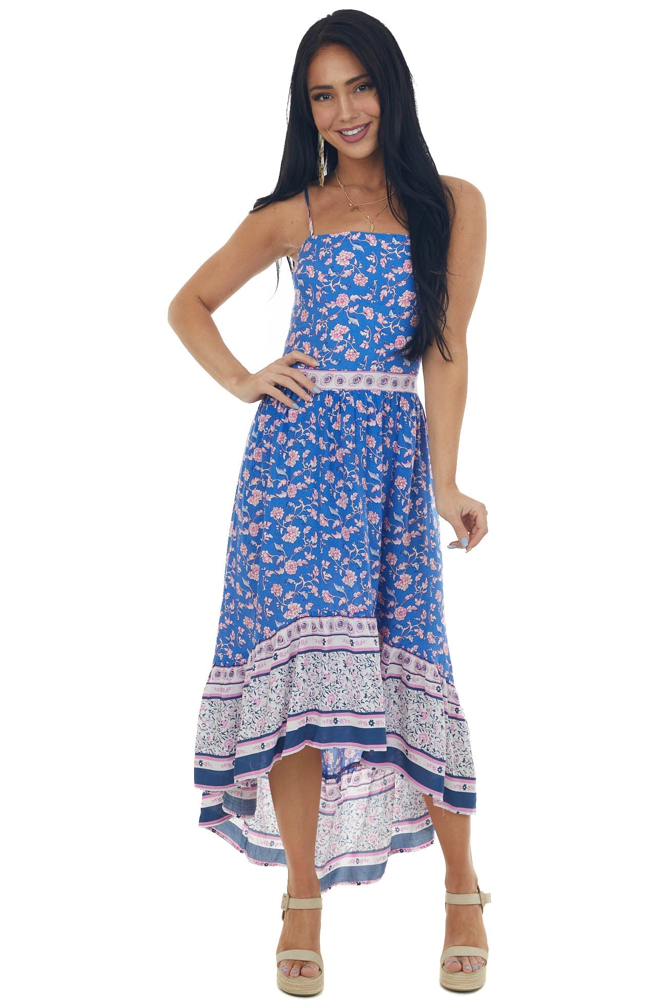 Sapphire Floral Print Sleeveless High Low Dress