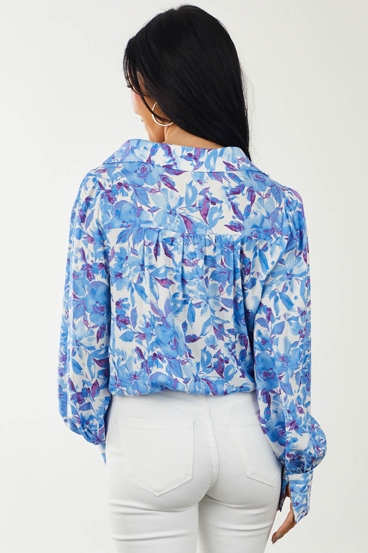 Sapphire Floral Surplice Collared Woven Bodysuit