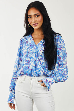 Sapphire Floral Surplice Collared Woven Bodysuit