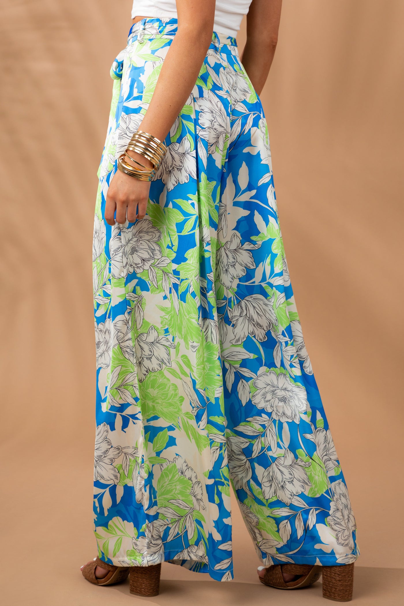 Sapphire Floral Waist Tie Wide Leg Satin Pants