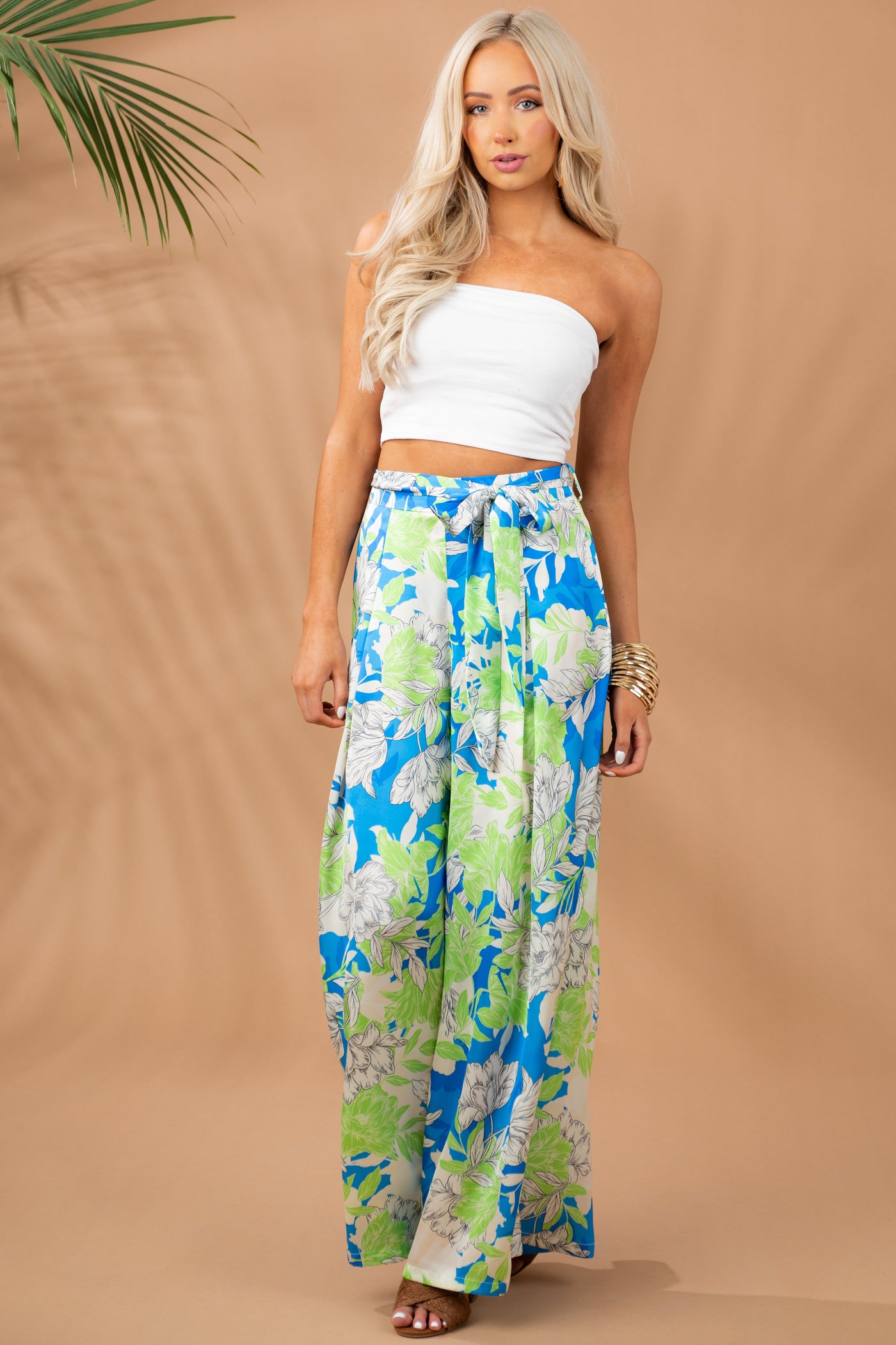 Sapphire Floral Waist Tie Wide Leg Satin Pants