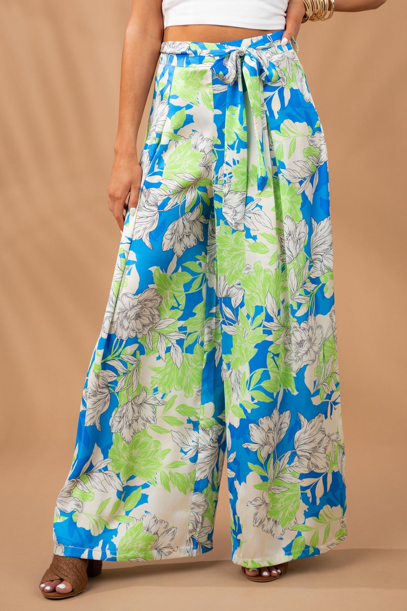 Sapphire Floral Waist Tie Wide Leg Satin Pants