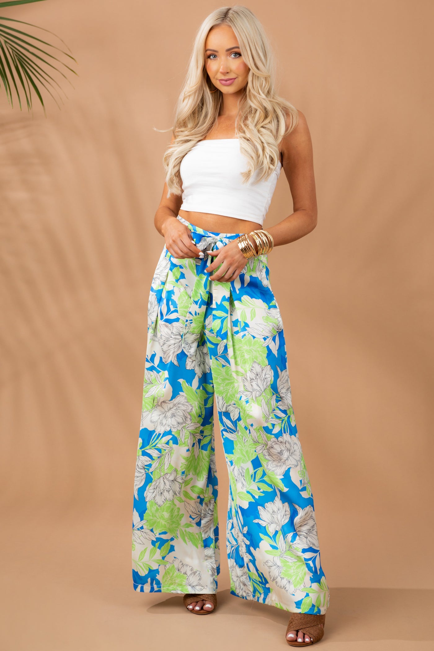 Sapphire Floral Waist Tie Wide Leg Satin Pants