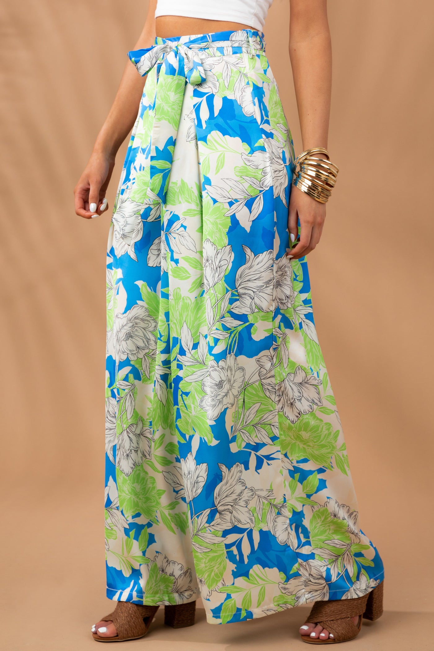 Sapphire Floral Waist Tie Wide Leg Satin Pants