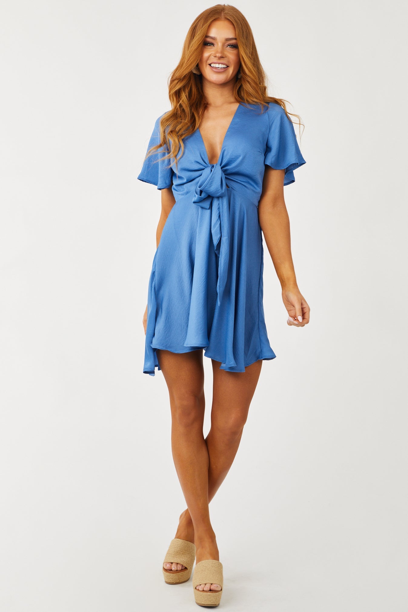 Sapphire Front Tie Cut Out Woven Mini Dress