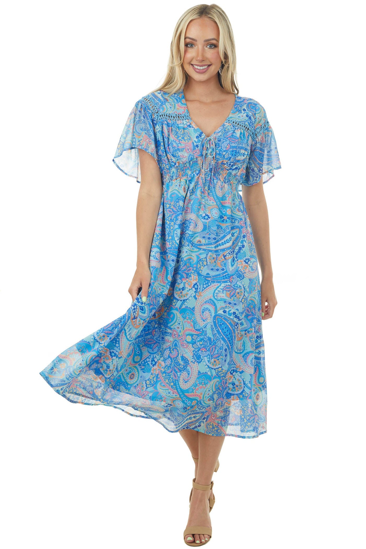 Sapphire Multi Printed Smocked Waist Midi Dress