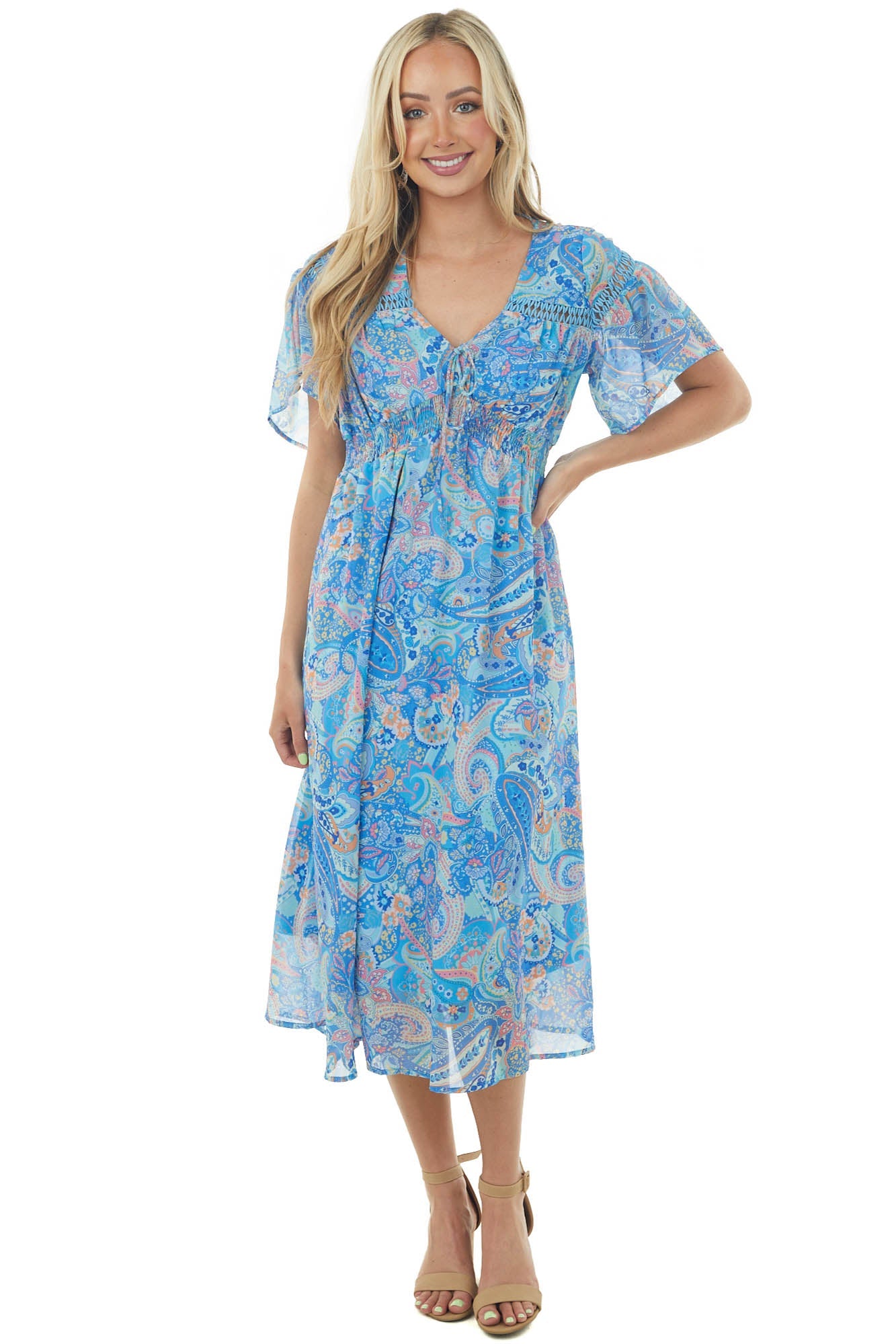 Sapphire Multi Printed Smocked Waist Midi Dress