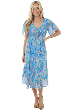 Sapphire Multi Printed Smocked Waist Midi Dress