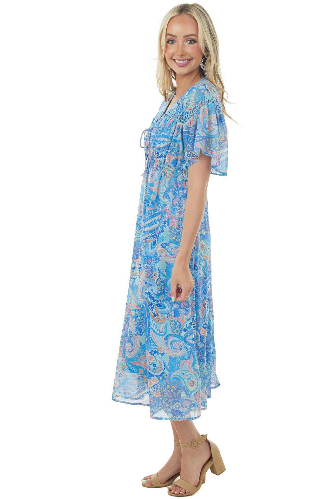 Sapphire Multi Printed Smocked Waist Midi Dress