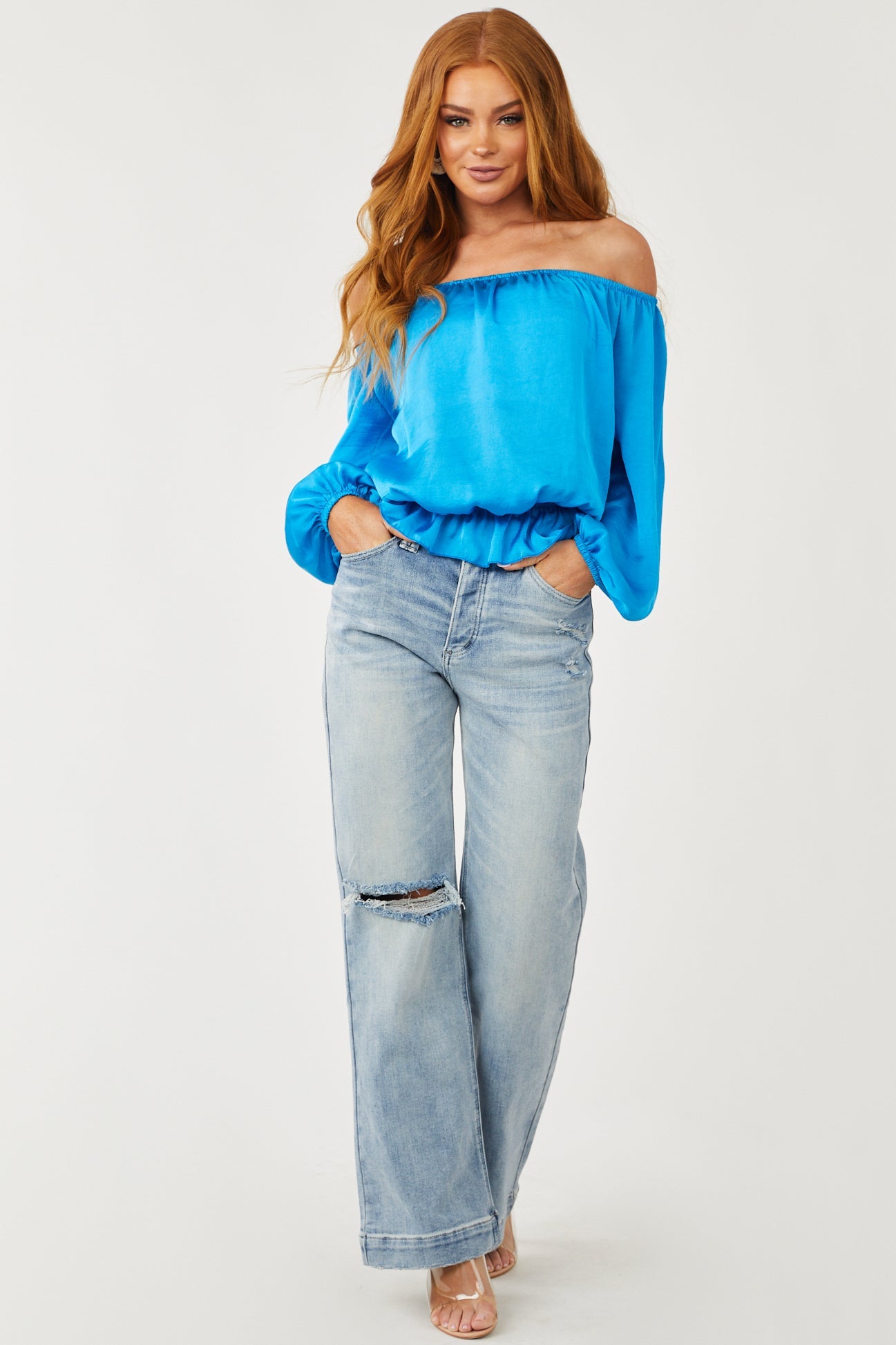 Sapphire Off Shoulder Bubble Sleeve Top