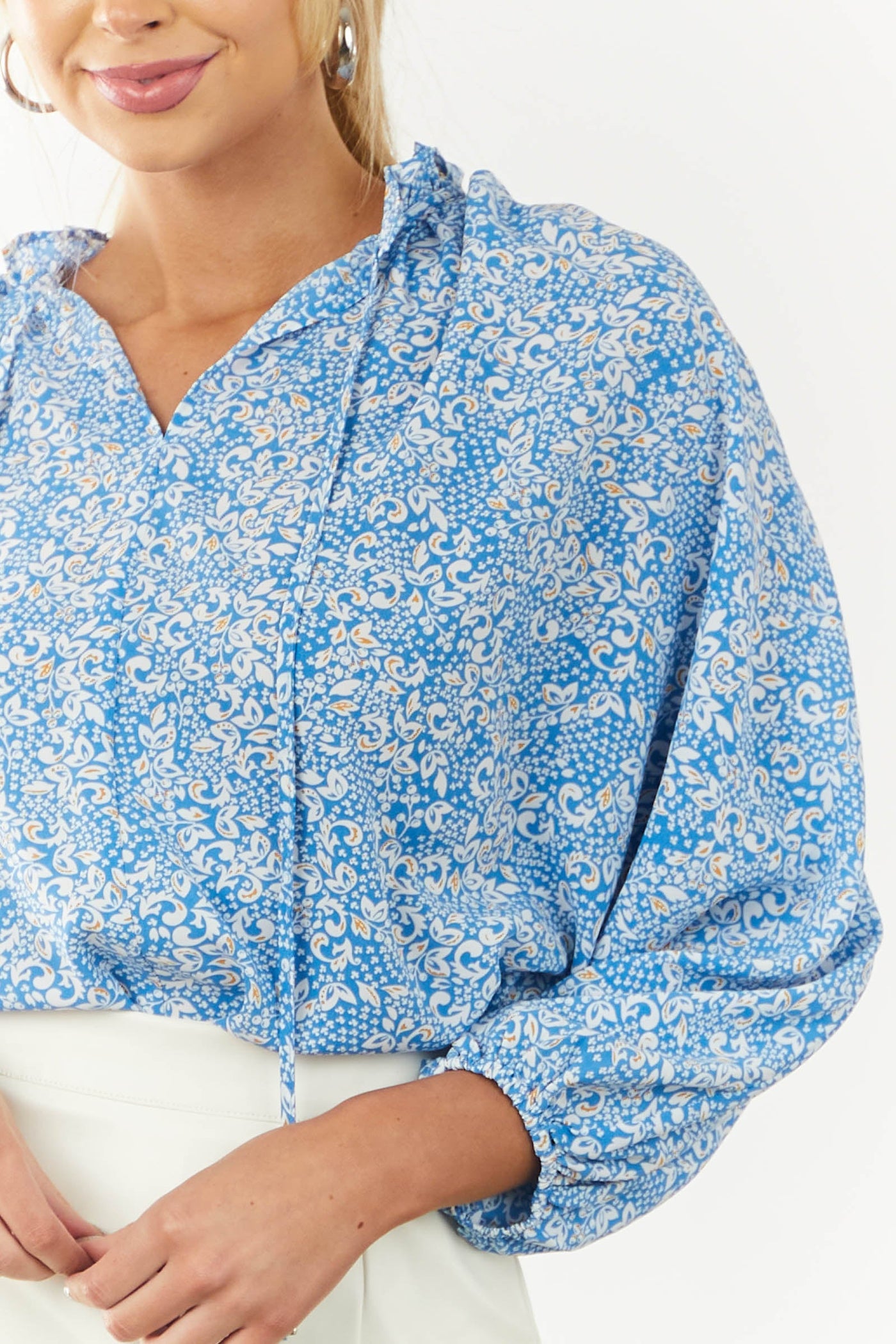 Sapphire Paisley Print 3/4 Sleeve Tie Neck Top