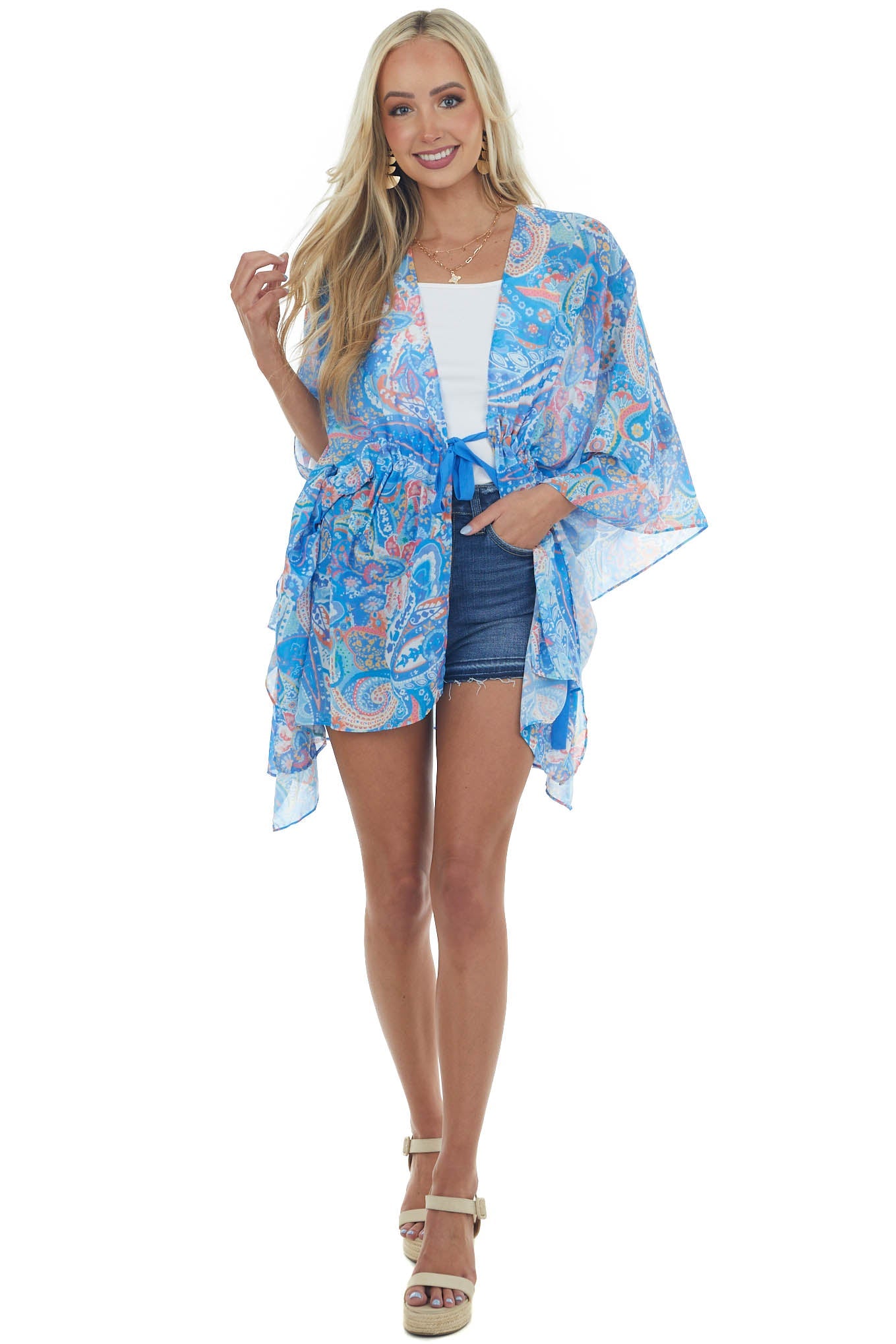 Sapphire Paisley Print Waist Tie Detail Kimono
