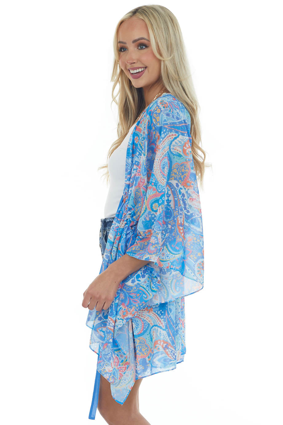 Sapphire Paisley Print Waist Tie Detail Kimono