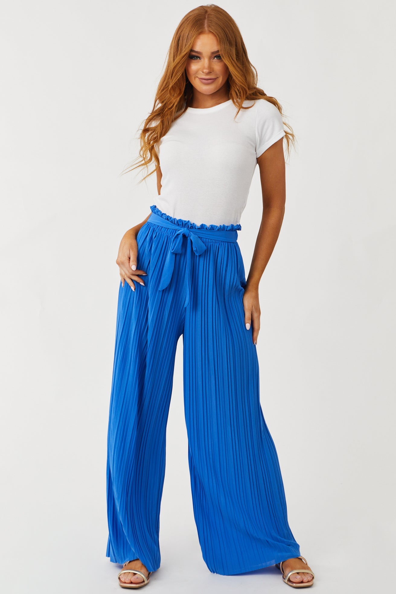 Sapphire Pleated Wide Leg Waist Tie Pants