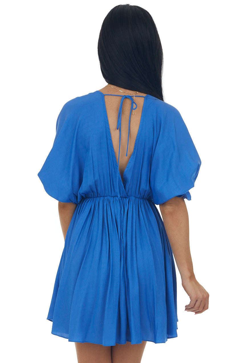 Sapphire Plunging Neck Balloon Sleeve Dress