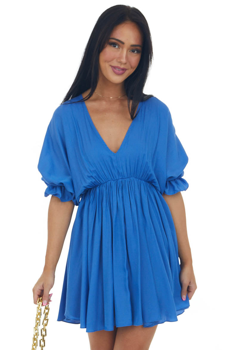 Sapphire Plunging Neck Balloon Sleeve Dress