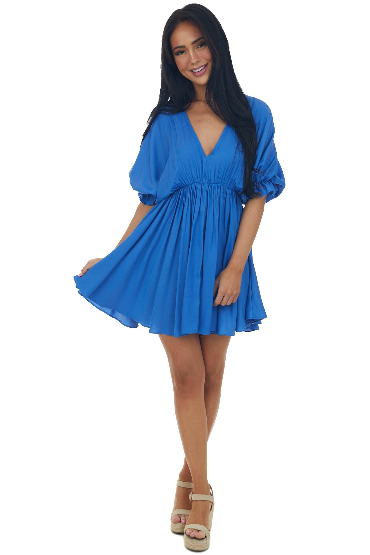 Sapphire Plunging Neck Balloon Sleeve Dress