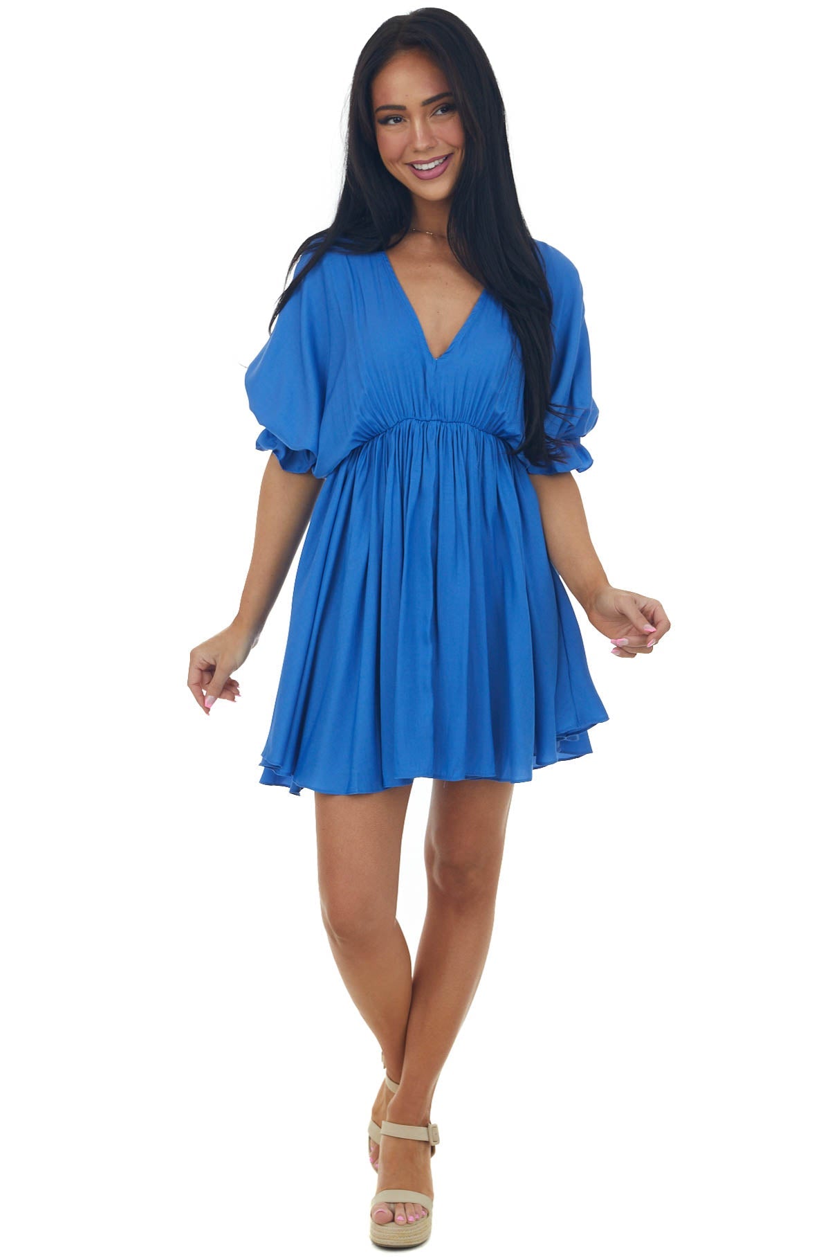 Sapphire Plunging Neck Balloon Sleeve Dress