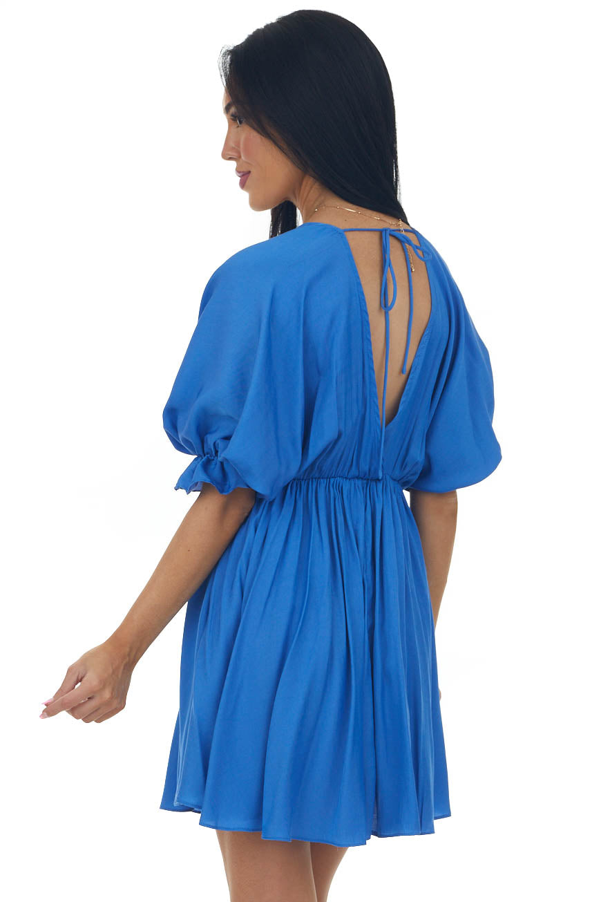 Sapphire Plunging Neck Balloon Sleeve Dress