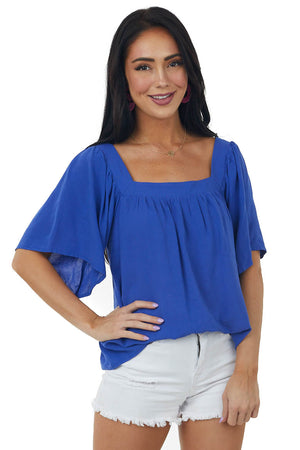 Sapphire Square Neck Flutter Sleeve Woven Top