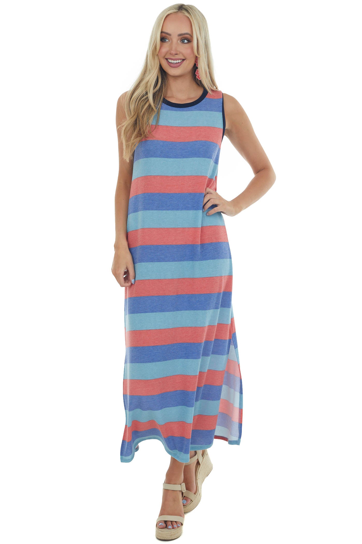 Sapphire Striped Midi Dress with Side Slits