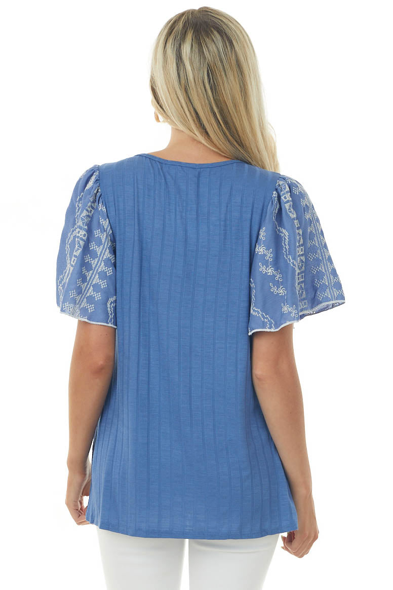 Sapphire Wide Ribbed Embroidered Sleeve Knit Top