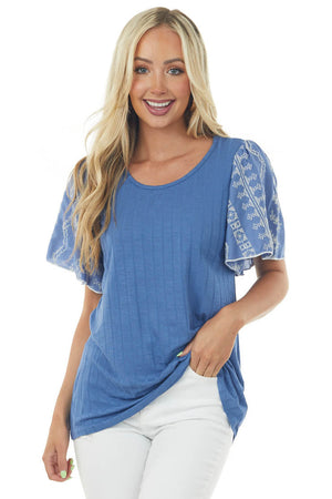 Sapphire Wide Ribbed Embroidered Sleeve Knit Top