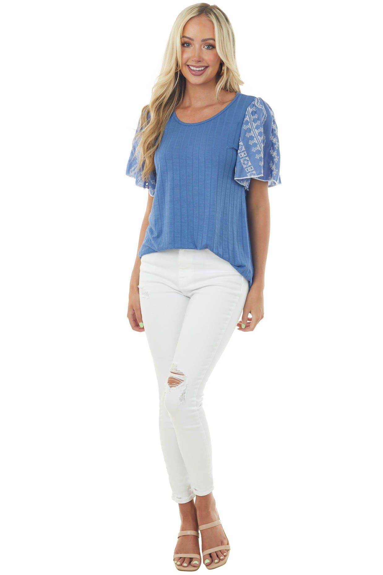Sapphire Wide Ribbed Embroidered Sleeve Knit Top